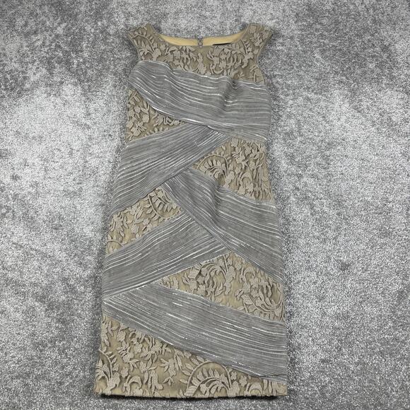 Tadashi Shoji Dress Womens 6 Lace Embroidery Sequins Multi Textured Taupe Silver - Picture 2 of 15